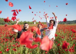 Séance photo famille dans un champ de coquelicots. Envolée de fleur de coquelicots.