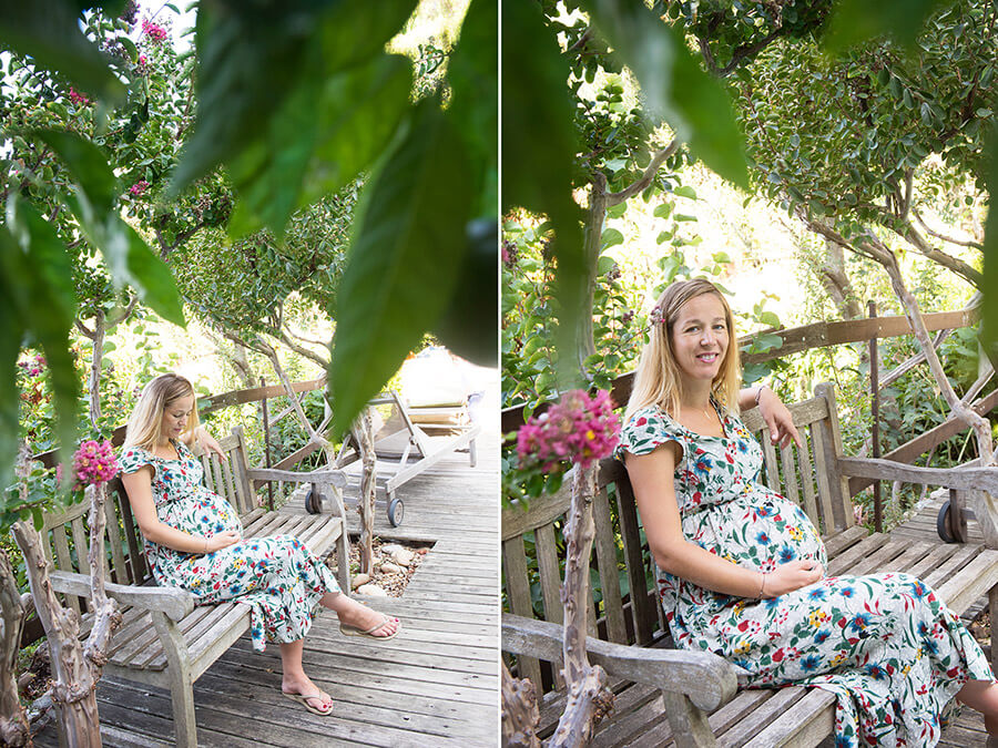 Femme enceinte assise sur un banc.