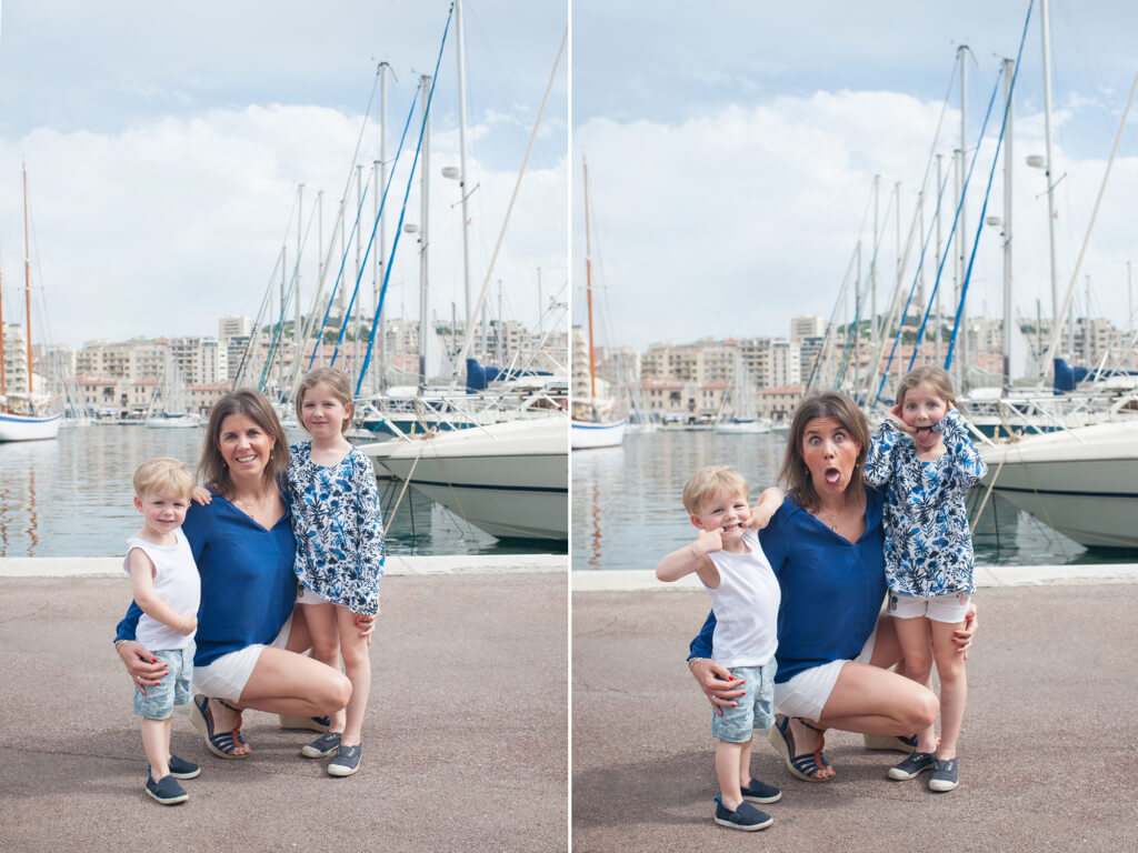 Grimace en famille sur le Vieux-Port de Marseille.